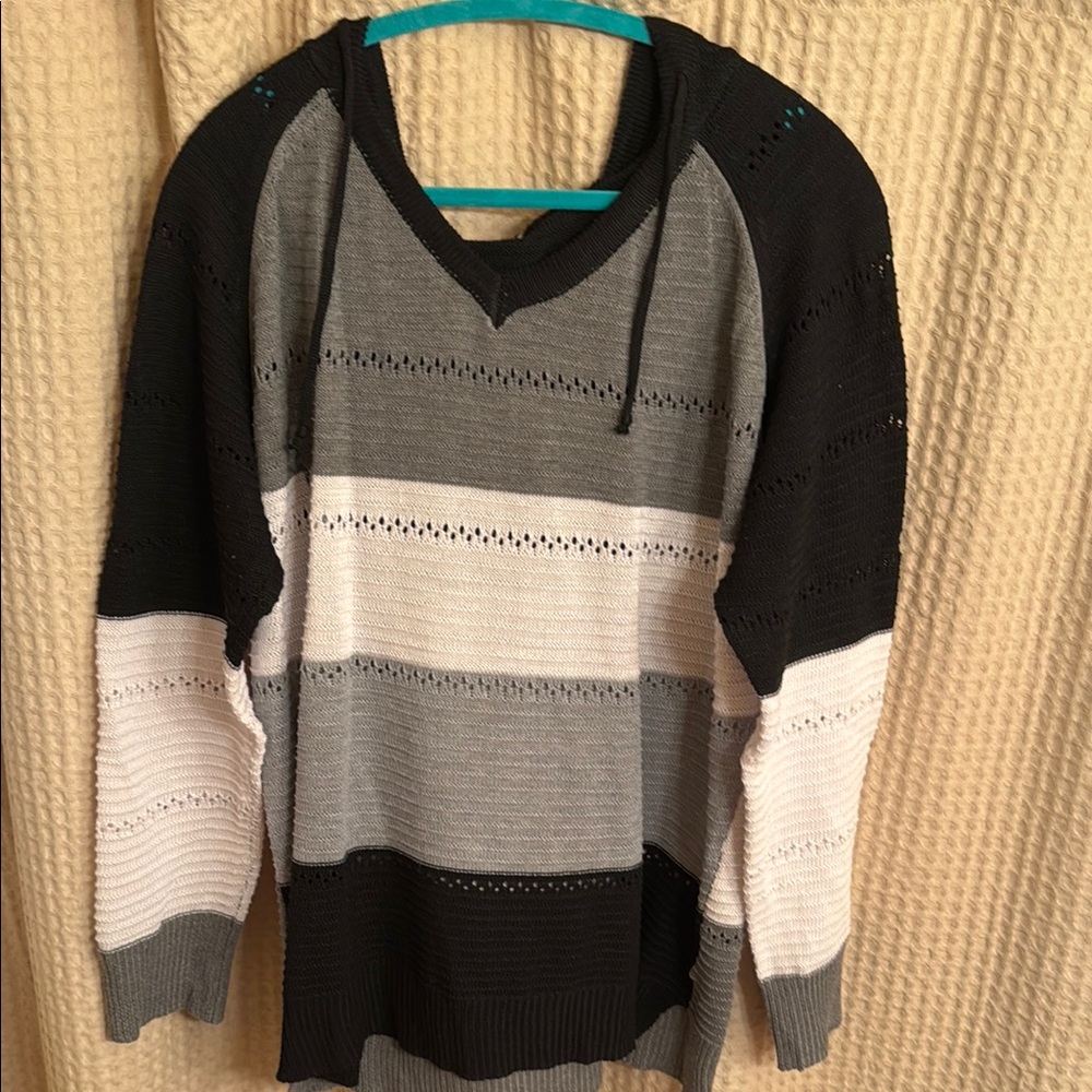 Black and Gray V-Neck Striped Sweater